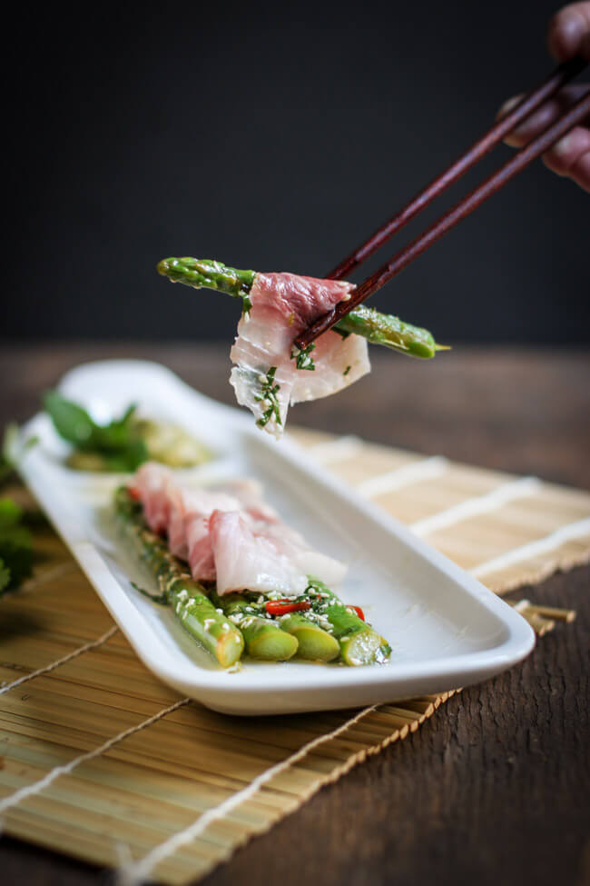 cobia sashimi asia spargelsalat sesam chili grüner spargel