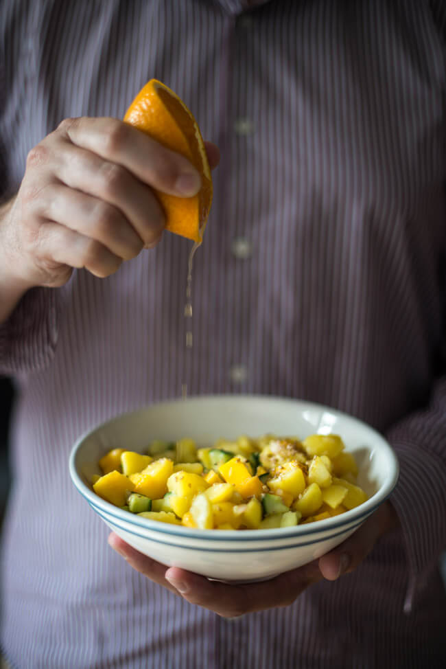 kartoffeln mango salat mit orange sesam asia vegan