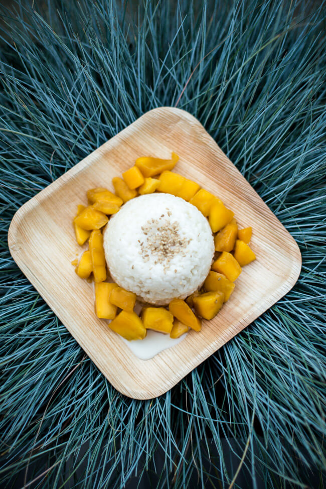 Mango mit Sticky Rice auf Schale aus Bananenblatt und Hintergrund aus Gras