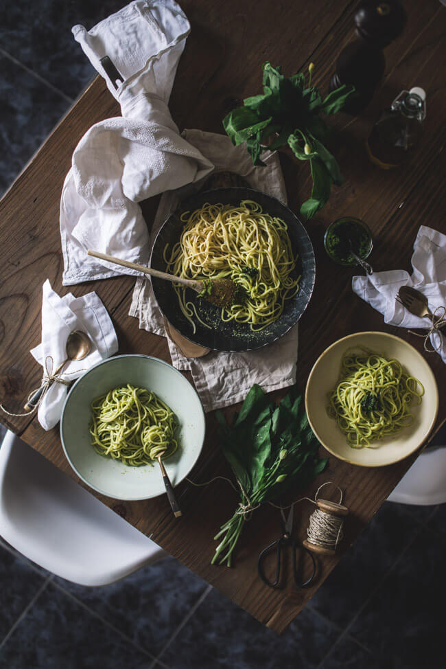 Bärlauch Pistazien Pesto grün Frühling Pasta Nudeln Spaghetti dinner lunch abendessen