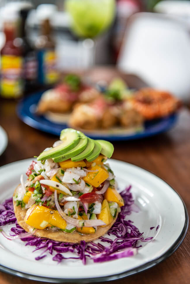 Isla Mujeres Restaurant Fish&Gin Fischrestaurant Tostados mit Ceviche Mango