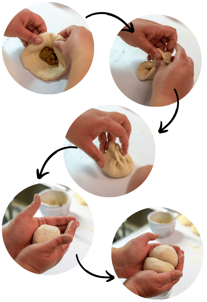Buchteln mit karamellisierten Zwiebeln Schritt für Schrtt falten.