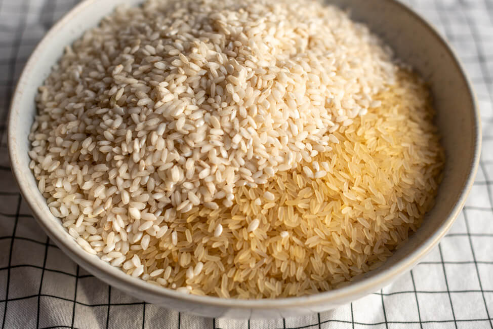 Zwei Sorten Reis für Arancine auf weißem Teller